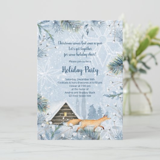 Winter Fox Cabin Sneeuw Kerstfeest Uitnodiging (Staand voorkant)