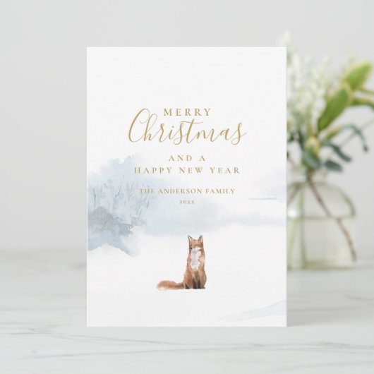 Winter Fox Elegant Gold Script: Kerstmis Feestdagenkaart (Staand voorkant)