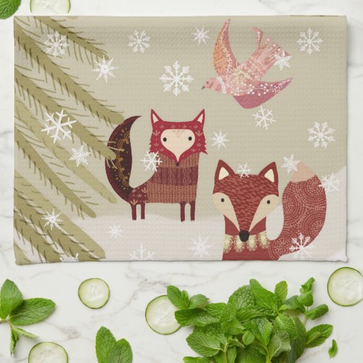 Winter Fox en Dove Kitchen Towel Theedoek (Gevouwen)