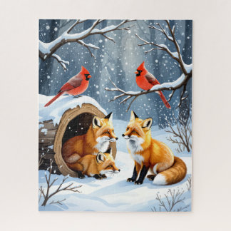 Winter Fox Gezin met Kardinalen in Snowy Forest Legpuzzel