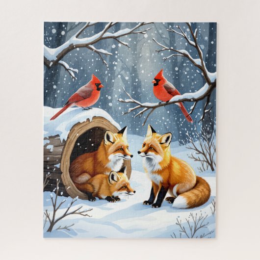 Winter Fox Gezin met Kardinalen in Snowy Forest Legpuzzel (Verticaal)