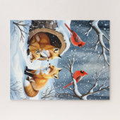 Winter Fox Gezin met Kardinalen in Snowy Forest Legpuzzel (Horizontaal)