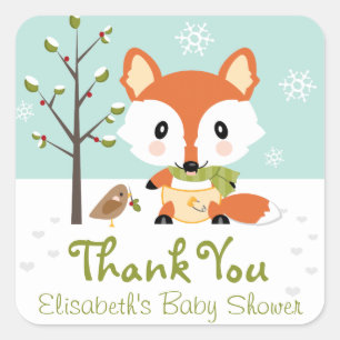 WINTER FOX IN LUIER BABY SHOWER DANK U VIERKANTE STICKER