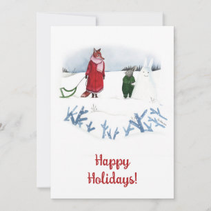 Winter Fox Konijn Illustratie Kerst Kaart