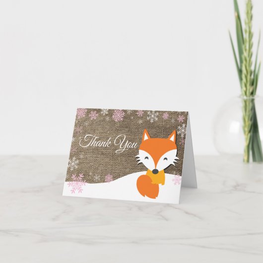 Winter Fox Snowflake Roze Burlap Dank u kaart (Voorkant)