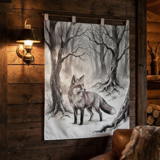 Winter Fox Tapestry | Snowy Forest Art  Wandkleed