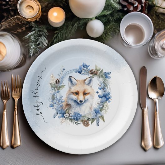 Winter Fox Waterverf Baby shower Papieren Bordje