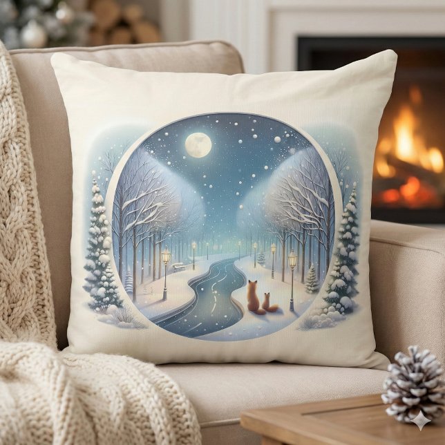 Winter Foxes by Moonlit Snowy River Kussen (Winter Foxes by Moonlit Snowy River Throw Pillow Mockup A)