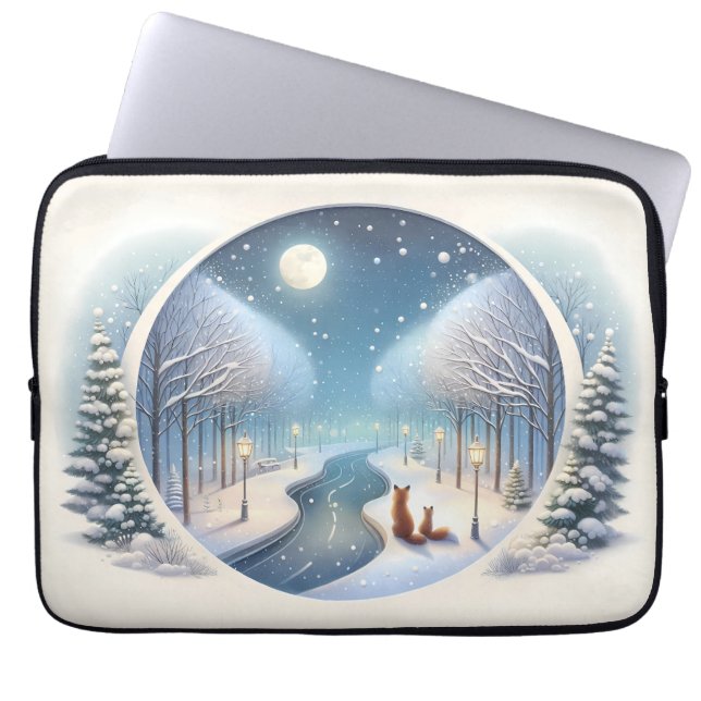 Winter Foxes by Moonlit Snowy River Laptop Sleeve (Voorkant)