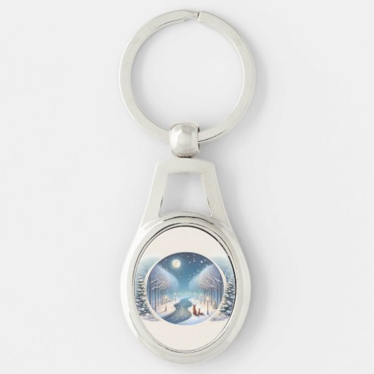 Winter Foxes by Moonlit Snowy River Sleutelhanger (Voorkant)