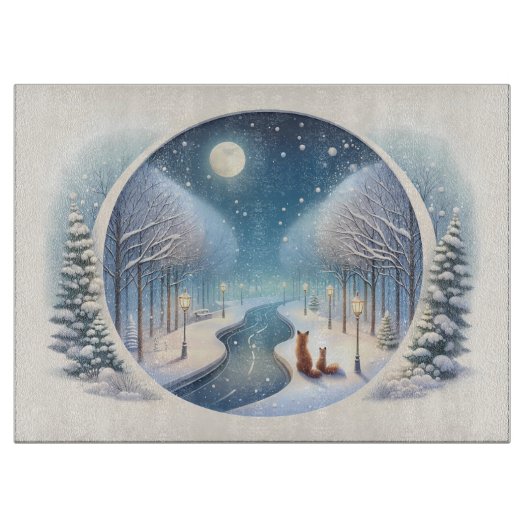 Winter Foxes by Moonlit Snowy River Snijplank (Voorkant)