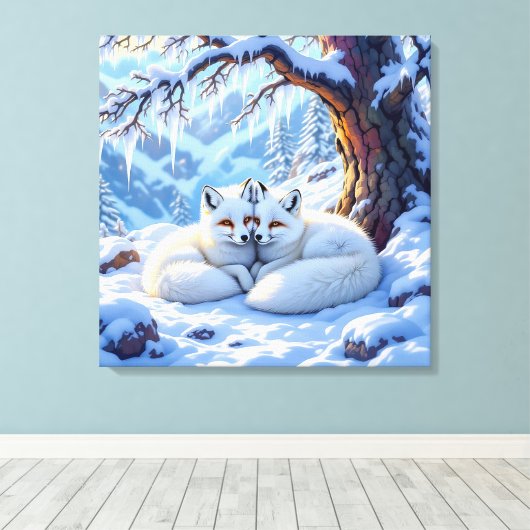Winter Foxes on a Snowy Winter Day Canvas Afdruk (Insitu (Houten vloer))