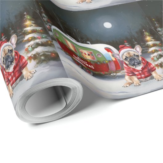 Winter Franse Bulldog Caravan Kerstavontuur Cadeaupapier (Rol Hoek)