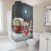 Winter Franse Bulldog Caravan Kerstavontuur Douchegordijn (In situ)