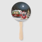 Winter Franse Bulldog Caravan Kerstavontuur Handwaaier (Voorkant)