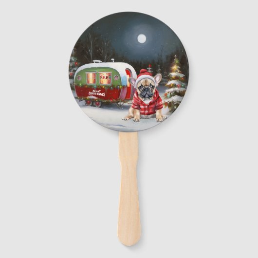 Winter Franse Bulldog Caravan Kerstavontuur Handwaaier (Voorkant)
