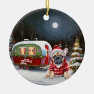 Winter Franse Bulldog Caravan Kerstavontuur Keramisch Ornament