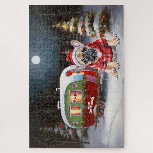 Winter Franse Bulldog Caravan Kerstavontuur Legpuzzel (Verticaal)