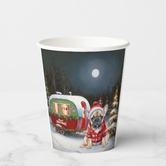 Winter Franse Bulldog Caravan Kerstavontuur Papieren Bekers (Achterkant)