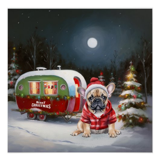 Winter Franse Bulldog Caravan Kerstavontuur Perfect Poster (Voorkant)