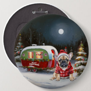 Winter Franse Bulldog Caravan Kerstavontuur Ronde Button 6,0 Cm