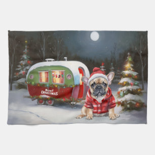 Winter Franse Bulldog Caravan Kerstavontuur Theedoek