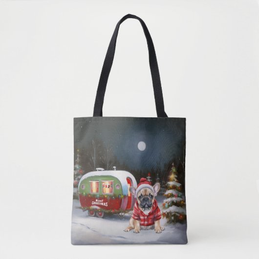 Winter Franse Bulldog Caravan Kerstavontuur Tote Bag (Voorkant)