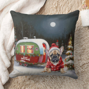 Winter Franse Bulldog Caravan Kerstmis Avontuur Kussen
