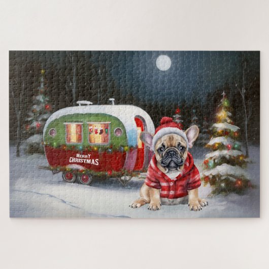 Winter Franse Bulldog Caravan Kerstmis Avontuur Legpuzzel (Horizontaal)