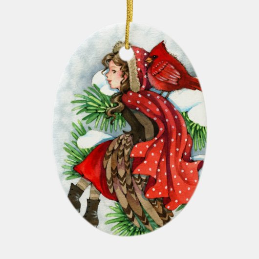 Winter Friends - Kardinaal meisje-ornament Keramisch Ornament (Voorkant)