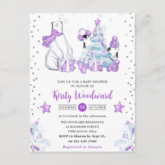Winter Friends Polar Beer & Penguins Baby shower Briefkaart (Voorkant)