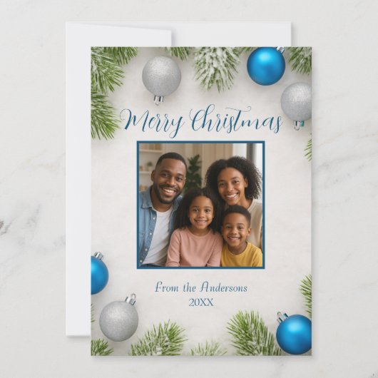 Winter Frost Elegance Blauw & Zilver Ornamenten Feestdagenkaart (Voorkant)