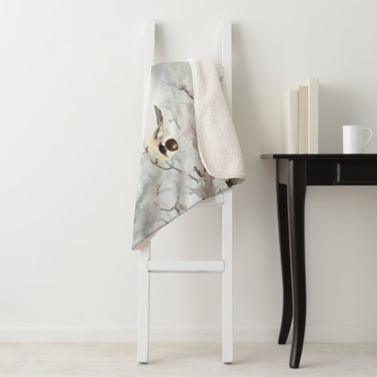 Winter Frosty Tree Chickadee Bird Blanket Sherpa Deken (In situ)