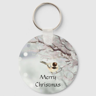 Winter Frosty Tree Chickadee Bird Custom Name Sleutelhanger