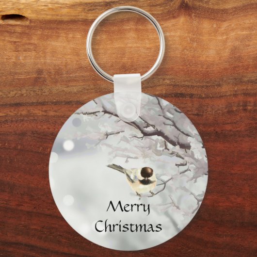 Winter Frosty Tree Chickadee Bird Custom Name Sleutelhanger (Voorkant)