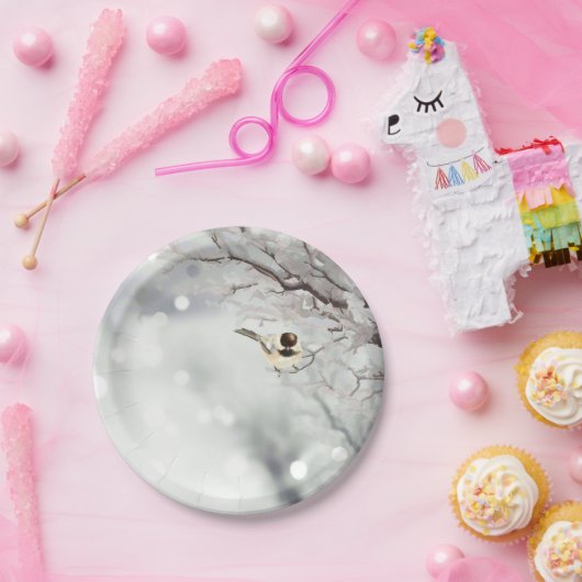 Winter Frosty Tree Chickadee Vogelkunst Papieren Bordje (Feest)