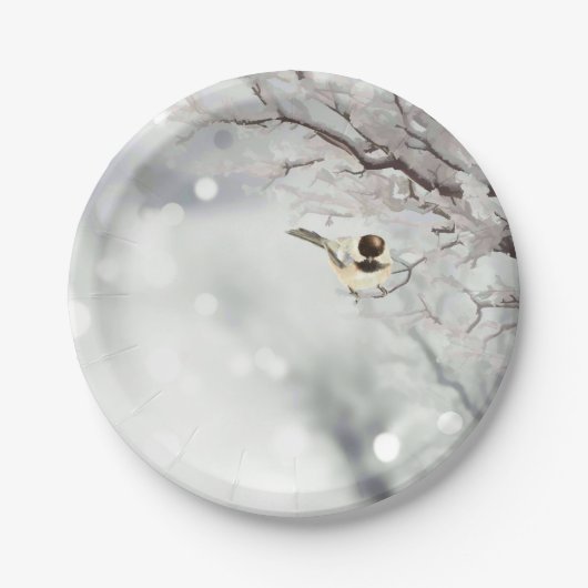 Winter Frosty Tree Chickadee Vogelkunst Papieren Bordje (Voorkant)