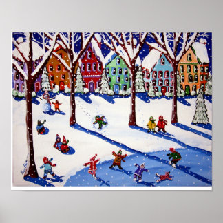 Winter Fun Ice Schaats Sled Ride Folk Art Print
