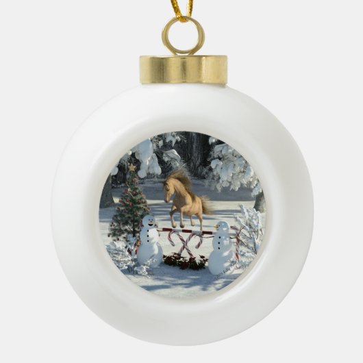Winter Fun Jumping Paard en Sneeuwmannen Keramische Bal Ornament (Voorkant)