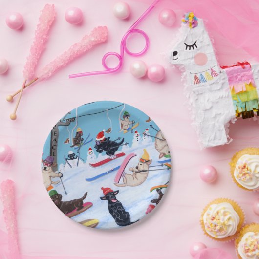 Winter Fun Kerstmis Skiing Labradors Papieren Bordje (Feest)