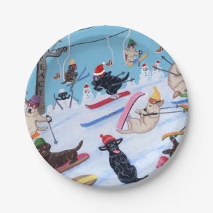 Winter Fun Kerstmis Skiing Labradors Papieren Bordje