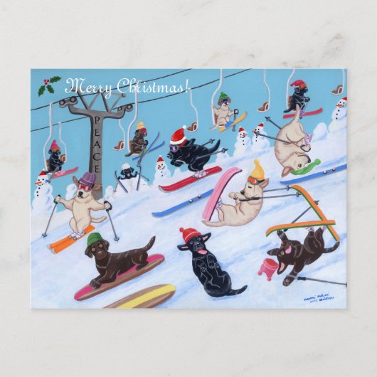 Winter Fun Kerstmis Skiing Labradors schilderen Feestdagenkaart (Voorkant)