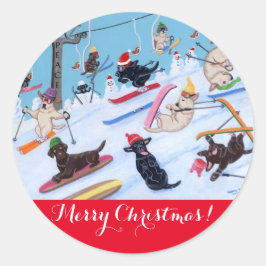 Winter Fun Kerstmis Skiing Labradors schilderen Ronde Sticker