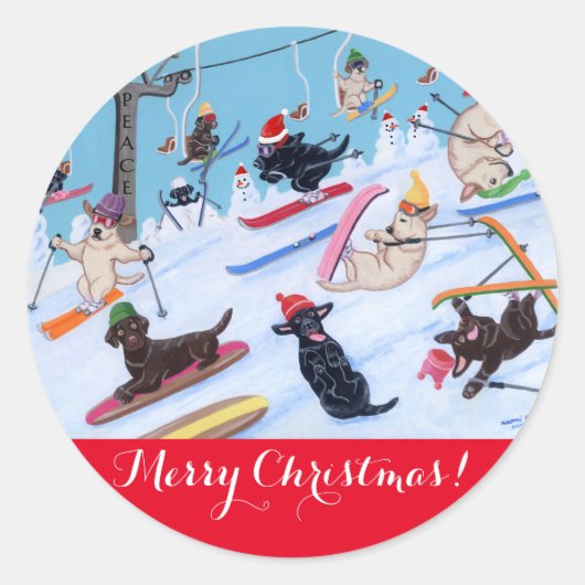 Winter Fun Kerstmis Skiing Labradors schilderen Ronde Sticker (Voorkant)