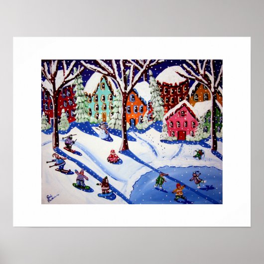 Winter Fun Kinder Folk Art Sled Snowboard Ice Scha Poster (Voorkant)