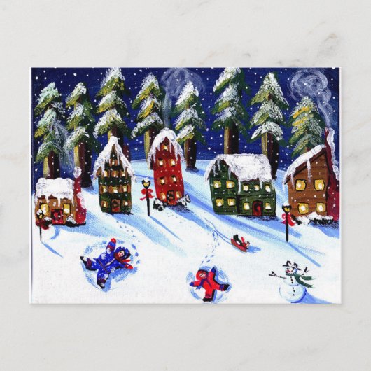 Winter Fun Making Snow Angels Folk Art Briefkaart (Voorkant)
