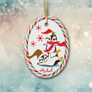 Winter Fun Penguins Candy Cane Lijst Keramisch Ornament