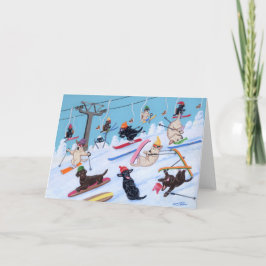 Winter Fun Skiing Labradors Painting Kaart