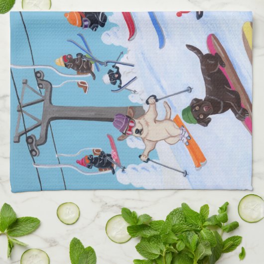 Winter Fun Skiing Labradors Painting Theedoek (Gevouwen)