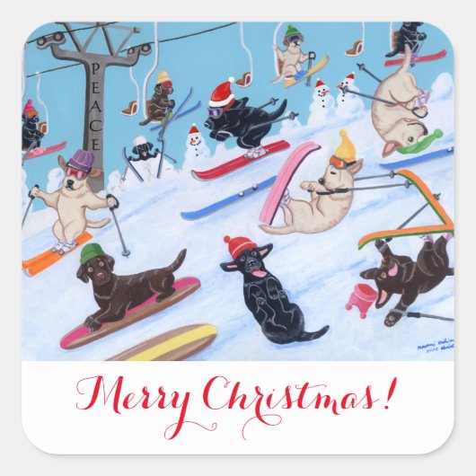 Winter Fun Skiing Labradors Painting Vierkante Sticker (Voorkant)